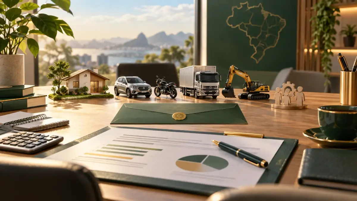 Mesa de planejamento com carta de crédito e diferentes categorias de consórcio